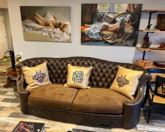 Large 112" long vintage custom leather sofa made in Italy