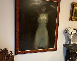 2001 original oil painting on canvas by Huang Bin Li - Woman with Pearls. Ht: 44" x Width: 36"