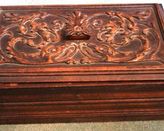 154 - Carved Wood Box & Contents - 5" x 14" x 9"