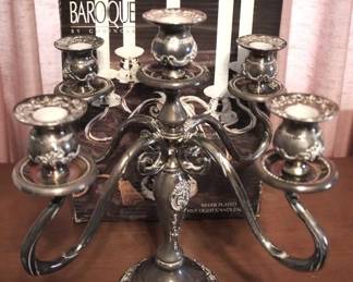 274 - Vintage Baroque Silver Plated 5 Light Candelabra by Godinger - 14 x 10 w/ box