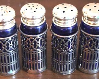 223 - 4 Blue Glass & Silver Plated Salt & Pepper Shakers 3"