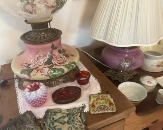 Several Victorian hurricane lamps and vintage purchases