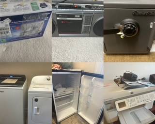 new in box Brother White Metal Sewing Machine, JX2517, Panasonic FM Radio, Fire Safe with Key and Manual Lock, Whirlpool Washer and Dryer, Mini Frig, Printer