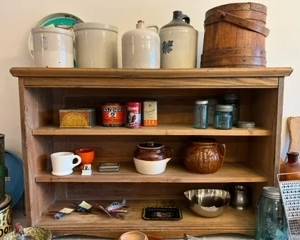 Variety of vintage antique pottery, tinware, primitive kitchenware