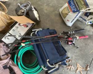 Hoses, fishing poles, camping chair
