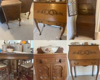 Variety of beautiful antique furniture including Large round scroll-foot dining table