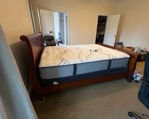 Queen sleigh bed with like-new mattress and box spring