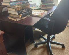 Desk and Chair, various chemistry and physics text books