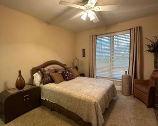 Custom queen size bed with matching drapery panels, silk beaded and embroidered coverlet