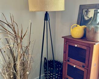 Metal pole lamp, and antique veggie storage cabinet