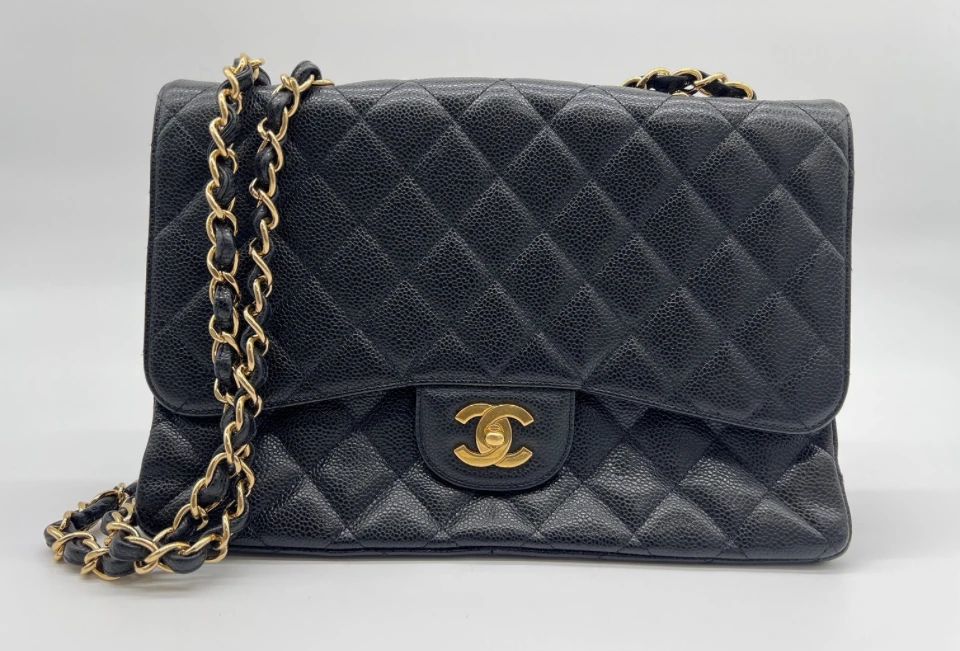Chanel classic flap jumbo quilted black caviar leather cross body bag