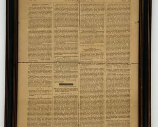 Framed Ulster County Gazette newspaper front page dated January 4, 1800