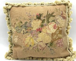 French needlepoint Aubusson style pillow with tassel fringe