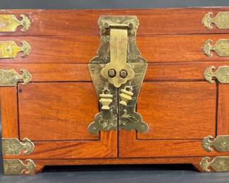 Chinese style hardwood jewelry box with brass ornament