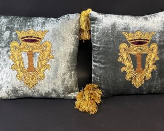Two cut velvet and metallic thread Armorial pillows with tassels