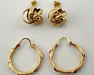 Pair of love knot earrings, pair of twisted hoop earrings both marked 10kt