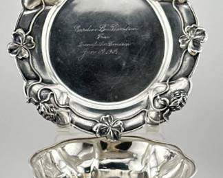 William B. Kerr Art Nouveau Thistle and Clover repousse bowl and dish engraved 1904