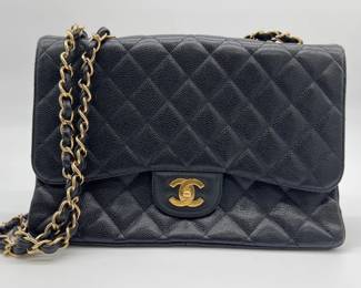 Chanel classic flap jumbo quilted black caviar leather cross body bag