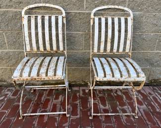 Pair of antique white painted French cafe garden chairs