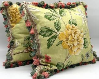 Pair of Schumacher "Mandarin Peony" floral pillows with tassel fringe