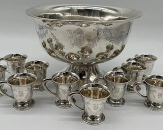 Impressive sterling monogrammed “B” punch bowl with 10 cups
