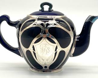 Sterling overlay cobalt china teapot