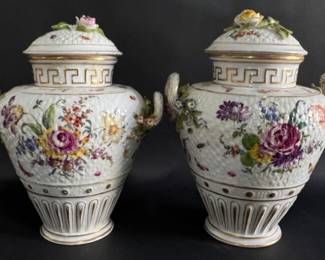 Pair of Dresden basket weave garniture urns
