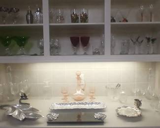 Wine Decanters and Service Sets / Serving Platters / Arthur Court Rabbits / Wine and Martini Glasses / Coors Boot Glass / Black Granite Serving Cutting Board