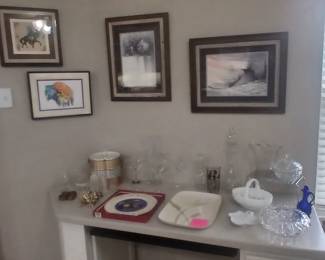 Southwestern Artwork / Lenox / Winfield Bird Of Paradise Serving Platter / Milk Glass / Fostoria / Vintage Ice Bucket / Martini Glass Mixing Decanter Set / Vintage Mixing Glass