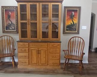 Windsor Oak Arm Chairs (SOLD)/ Oak China Cabinet / Original Southwest Art 