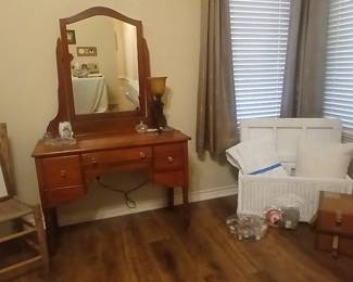 Antique Dressing Table, Chair, Wicker Storage Trunk, Travel Trunk
