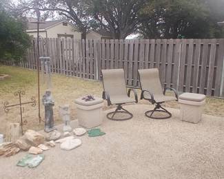 Concrete Bunny Garden Bench (SOLD) / Outdoor Storage Stools (SOLD) / Concrete Statuary / Petrified Wood collection / Wind Chimes (SOLD) / Pottery / Bird Feeder (SOLD / Oversized Golf Inspired Shepherd's Hooks (SOLD) / Swivel Chairs (SOLD)
