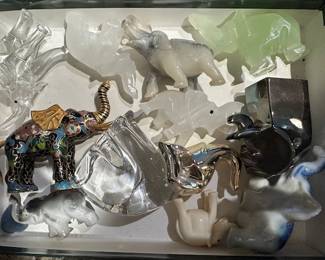 Carved Elephant Figurines, jade, glass, obsidian, cloisonne, etc.