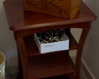 Map motif lunch pail, end table, box of brass furniture pulls with hardware