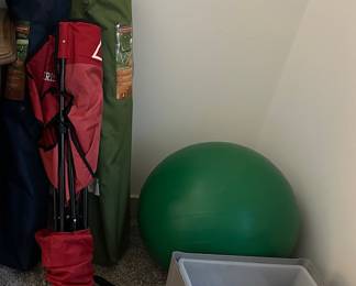 Three canvass, folding camp chairs — exercise ball