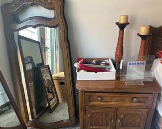Mirrors to hang over dresser [two each] == Nightstand [two each] assorted candles and a pair of graduated, wooden candle sticks
