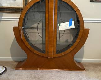 A1 - $600. Superlative Leeds Art Deco Cabinet. Registered Design No.859318 Imperfections noted in pictures. measures 48" wide x 11" deep x 49.5" tall.
