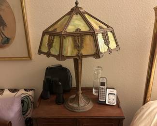 A78 - $75. Slag Glass Table Lamp. Measures 27" tall. Base has some chipping paint.