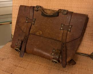 A83 - $50. Antique Leather Messenger Bag. Measures 18" wide x 13" tall.
