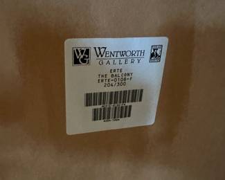 A32 - $1200. Erte #204/300 "The Balcony". Purchased from Leland Little 2019- description given: Serigraph in colors with foil and embossing, pencil signed and numbered 204/300 lower margin, accompanied by gallery paperwork, in black lacquer frame with matting. Measures 44.5" wide x 55" tall.