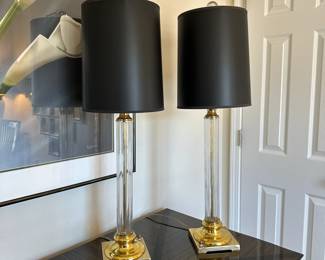 A10 - $60. Pair of Brass Base Lamps. Measure 33" tall. Shades are good!