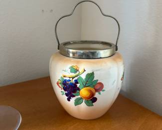 A12 - $40. English Biscuit Jar. Measures 6" tall (with Handle up 9" tall. )