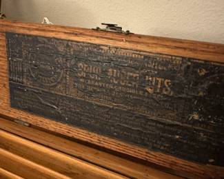 A64 - $15. Antique Wooden Box that was used for Spur Auger Bits (empty). Measures 10.5" wide x 4" deep x 4" tall.