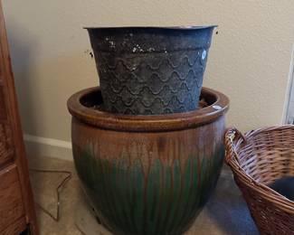 A51 - $30 Bottom Ceramic Planter. Measures 15" tall. Top Metal Planter $10.