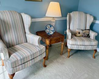 Striped wing back armchairs