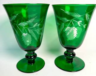Williams-Sonoma etched green glasses