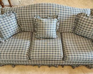 Blue check sofa with matching loveseat