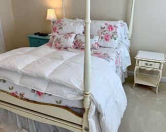 Dixie 8-piece cream colored bedroom set with full size 4-post bed, nightstand, 2 dressers, desk and extension, hutch and mirror