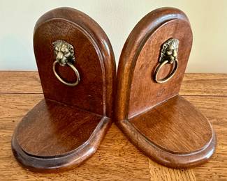 Hand crafted wood bookends with brass lions