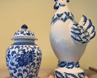 Hand painted urns and roosters